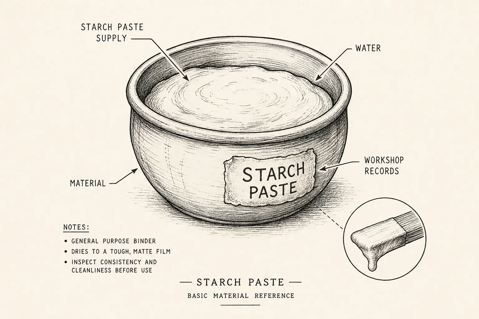 Field sketch of Starch Paste, highlighting starch paste supply, water, workshop records, material.