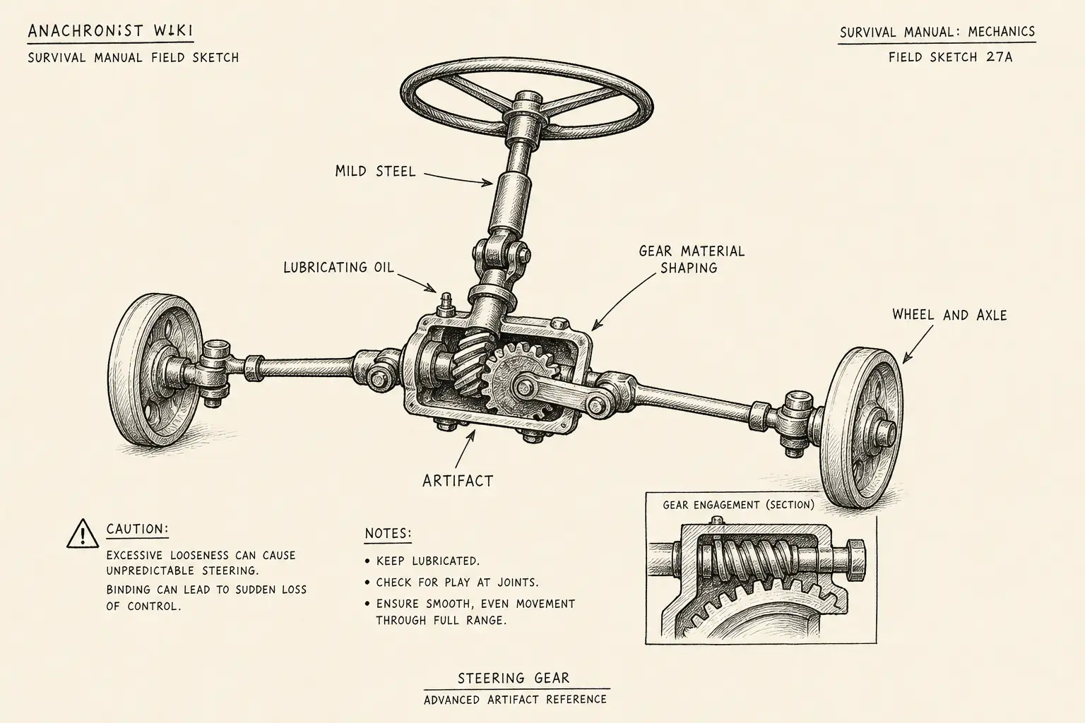 Field sketch of Steering gear, highlighting mild steel, lubricating oil, wheel and axle, gear cutting.