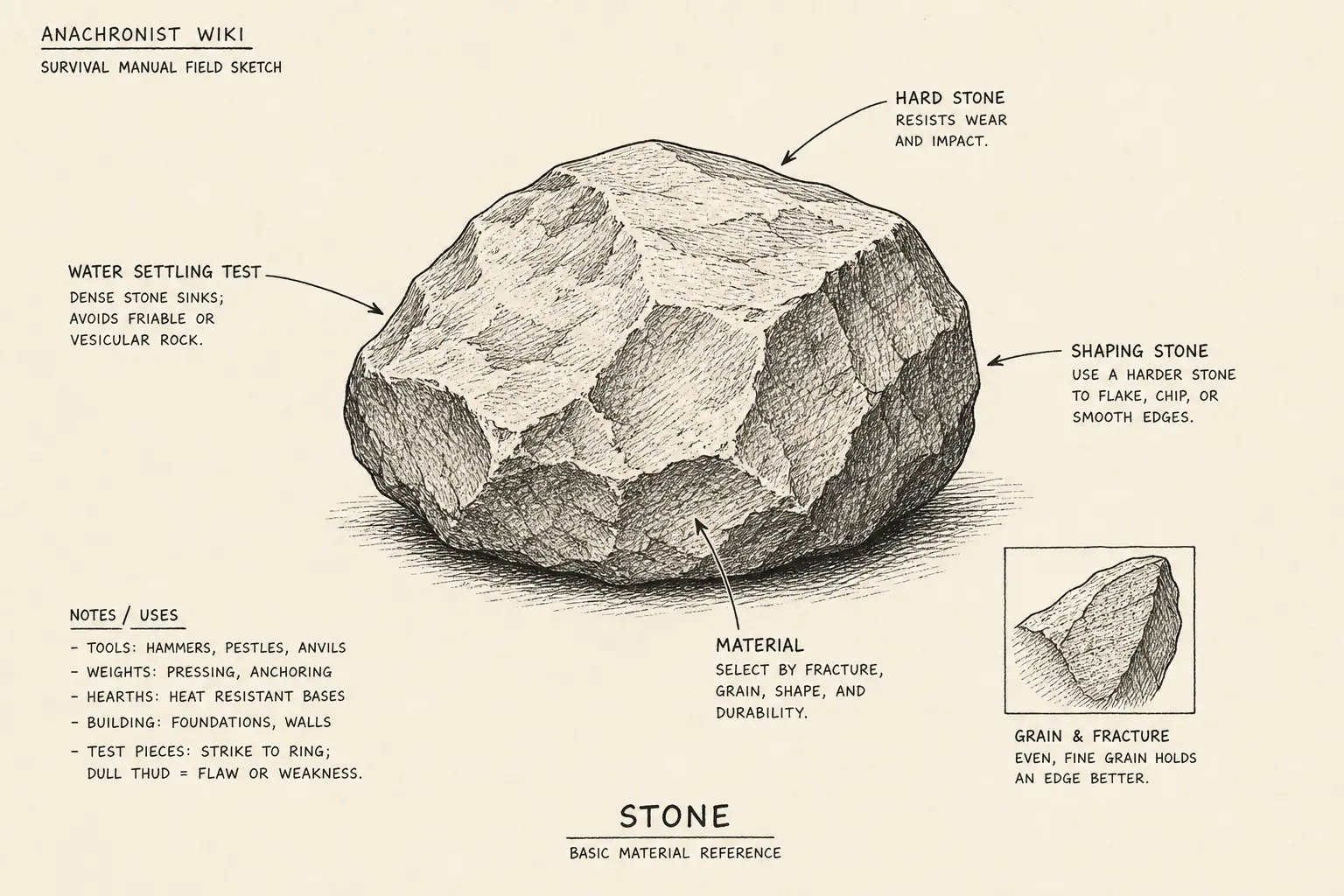 Field sketch of Stone, highlighting hard stone, water settling test, stone hammer, material.