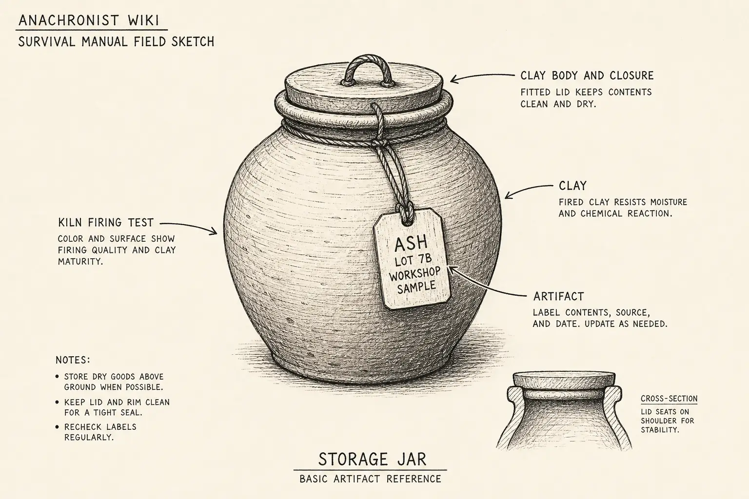 Field sketch of Storage jar, highlighting clay body and closure, clay, kiln firing test, artifact.