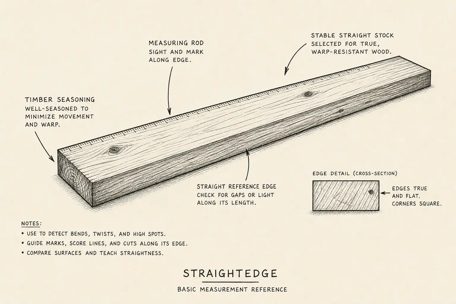 Field sketch of Straightedge, highlighting stable straight stock, measuring rod, timber seasoning, measurement.