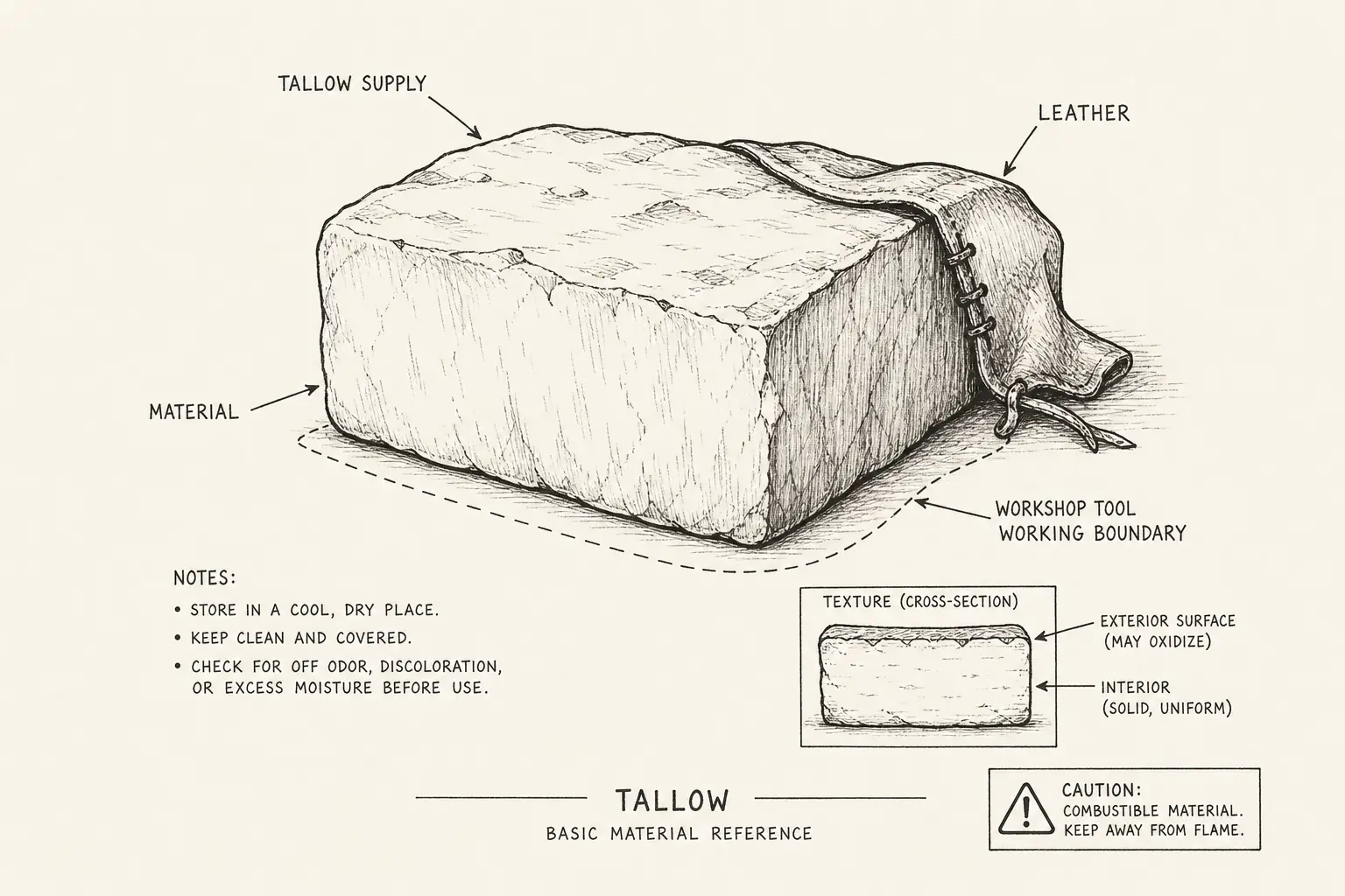 Field sketch of Tallow, highlighting tallow supply, leather, cutting edge, material.