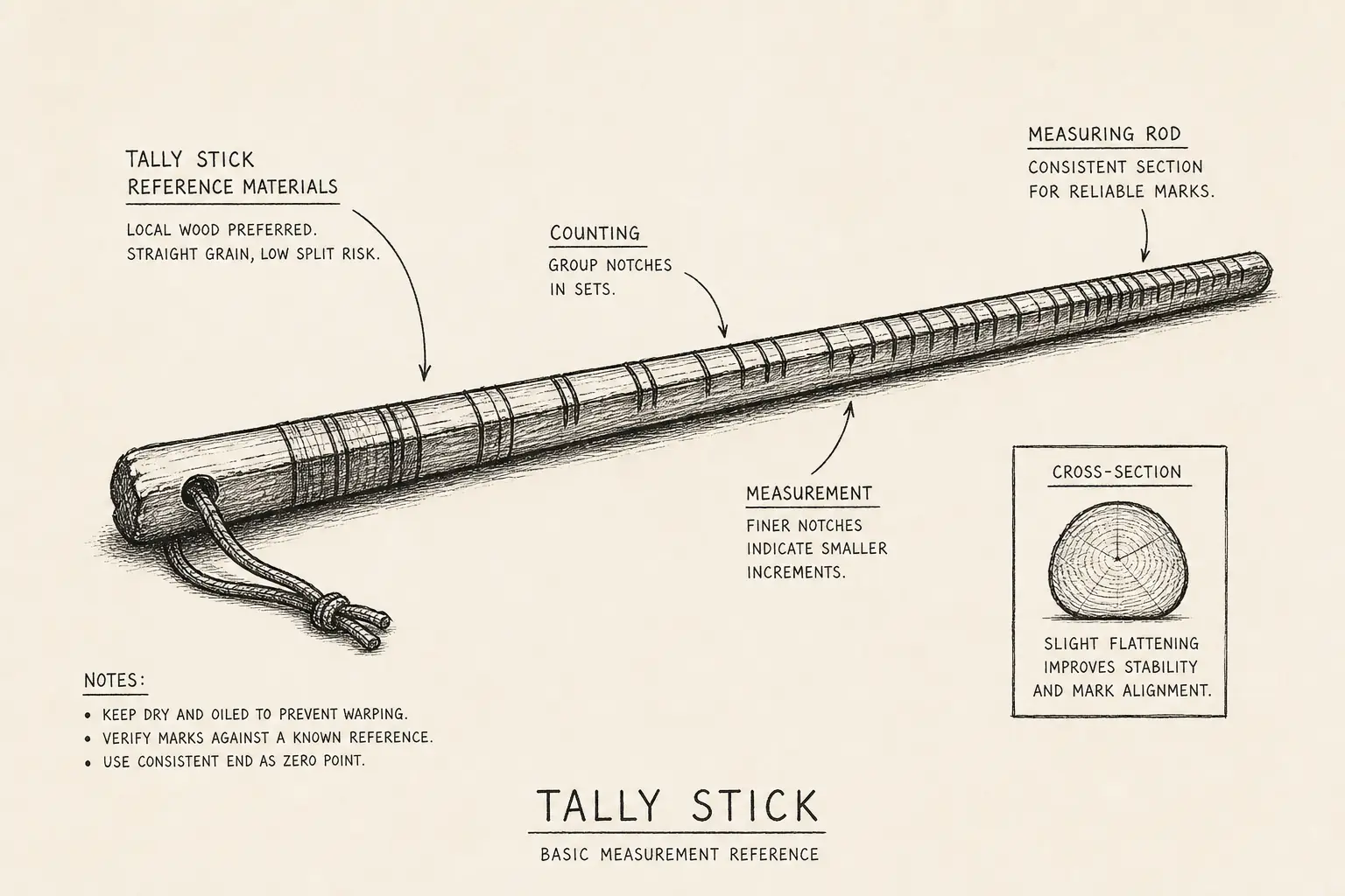 Field sketch of Tally Stick, highlighting tally stick reference materials, counting, measuring rod, measurement.