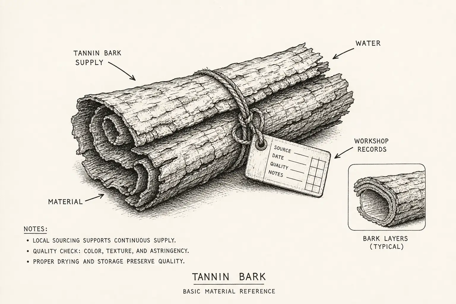 Field sketch of Tannin Bark, highlighting tannin bark supply, water, workshop records, material.