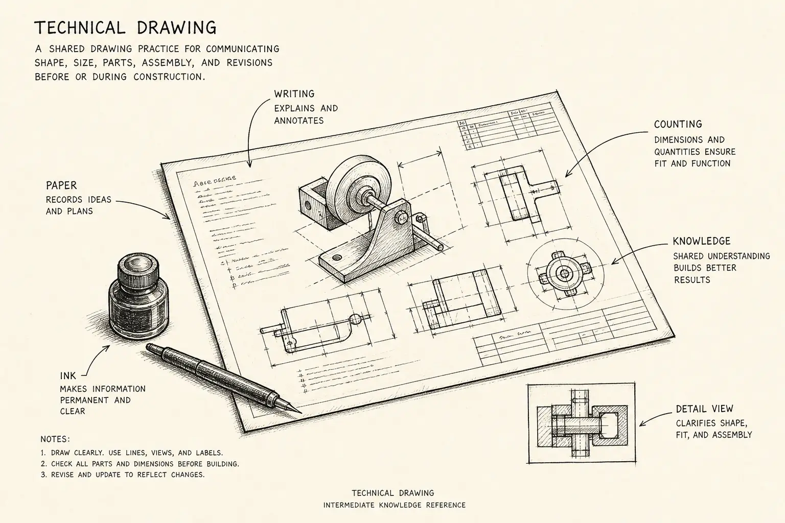 Field sketch of Technical drawing, highlighting paper, ink, writing, counting.