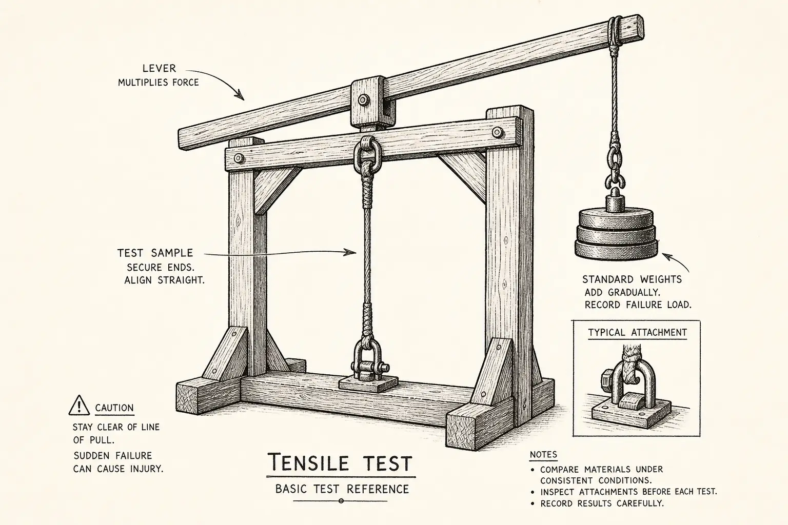 Field sketch of Tensile test, highlighting standard weights, lever, test.