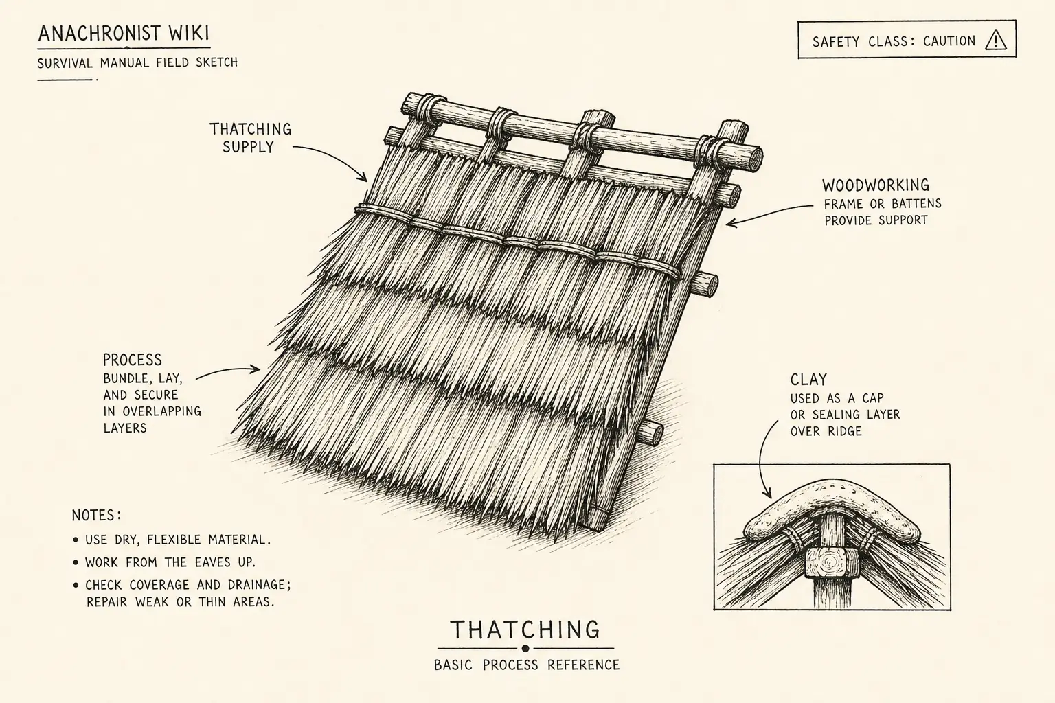 Field sketch of Thatching, highlighting thatching supply, clay, woodworking, process.