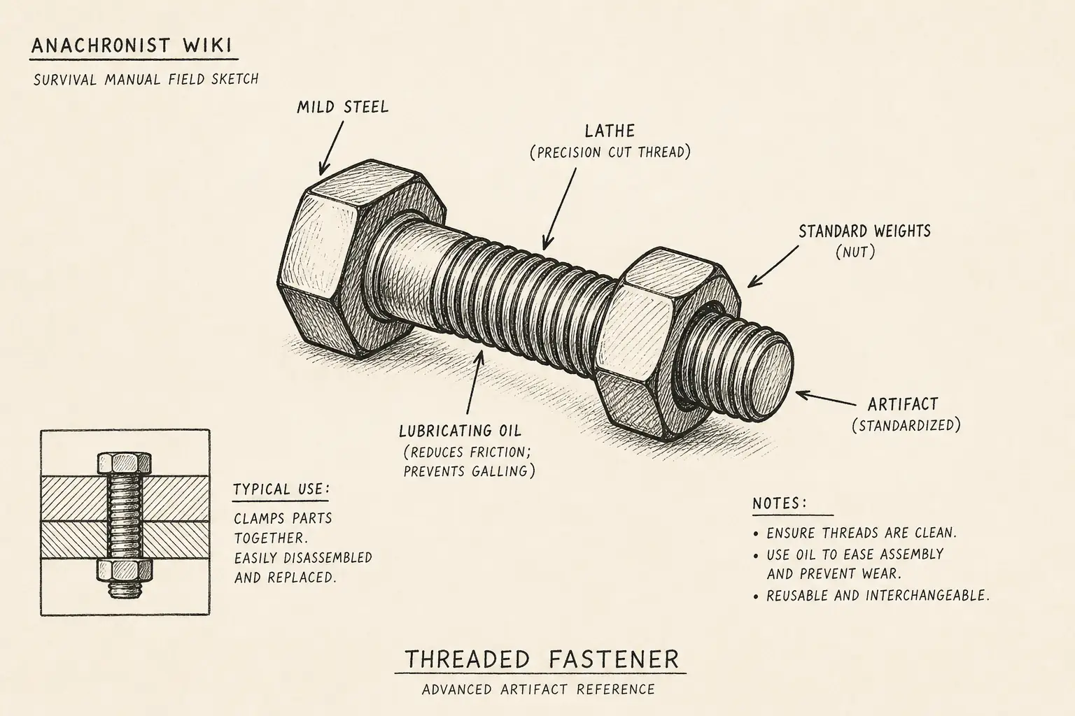 Field sketch of Threaded fastener, highlighting mild steel, lubricating oil, lathe, standard weights.