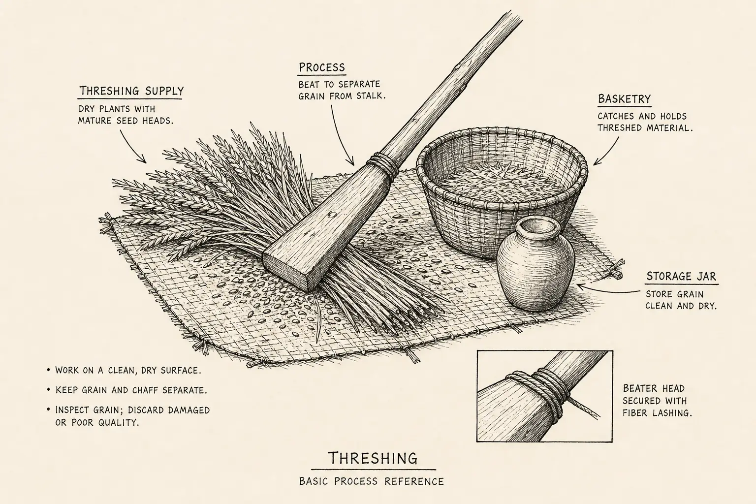 Field sketch of Threshing, highlighting threshing supply, basketry, storage jar, process.