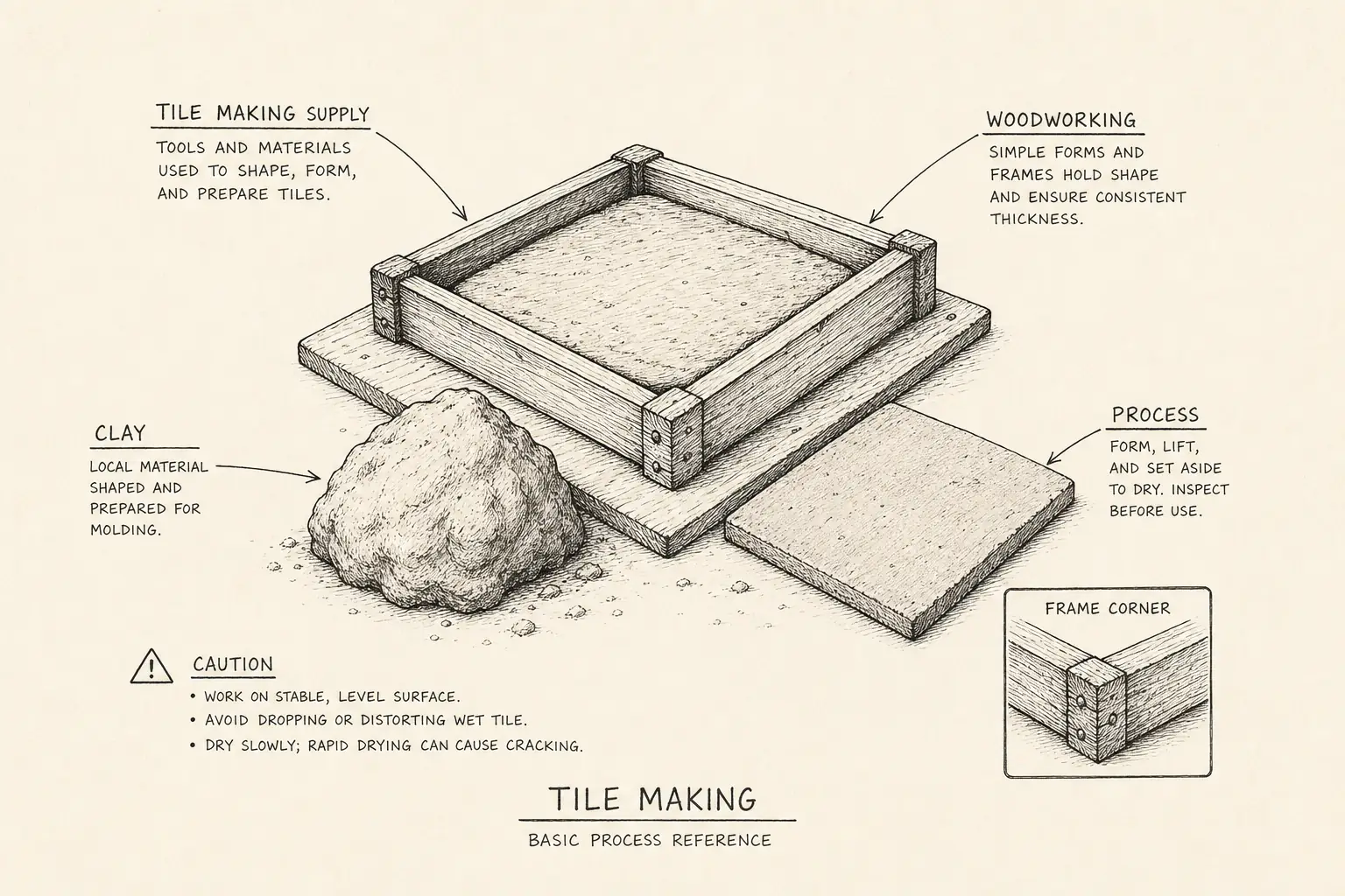 Field sketch of Tile Making, highlighting tile making supply, clay, woodworking, process.