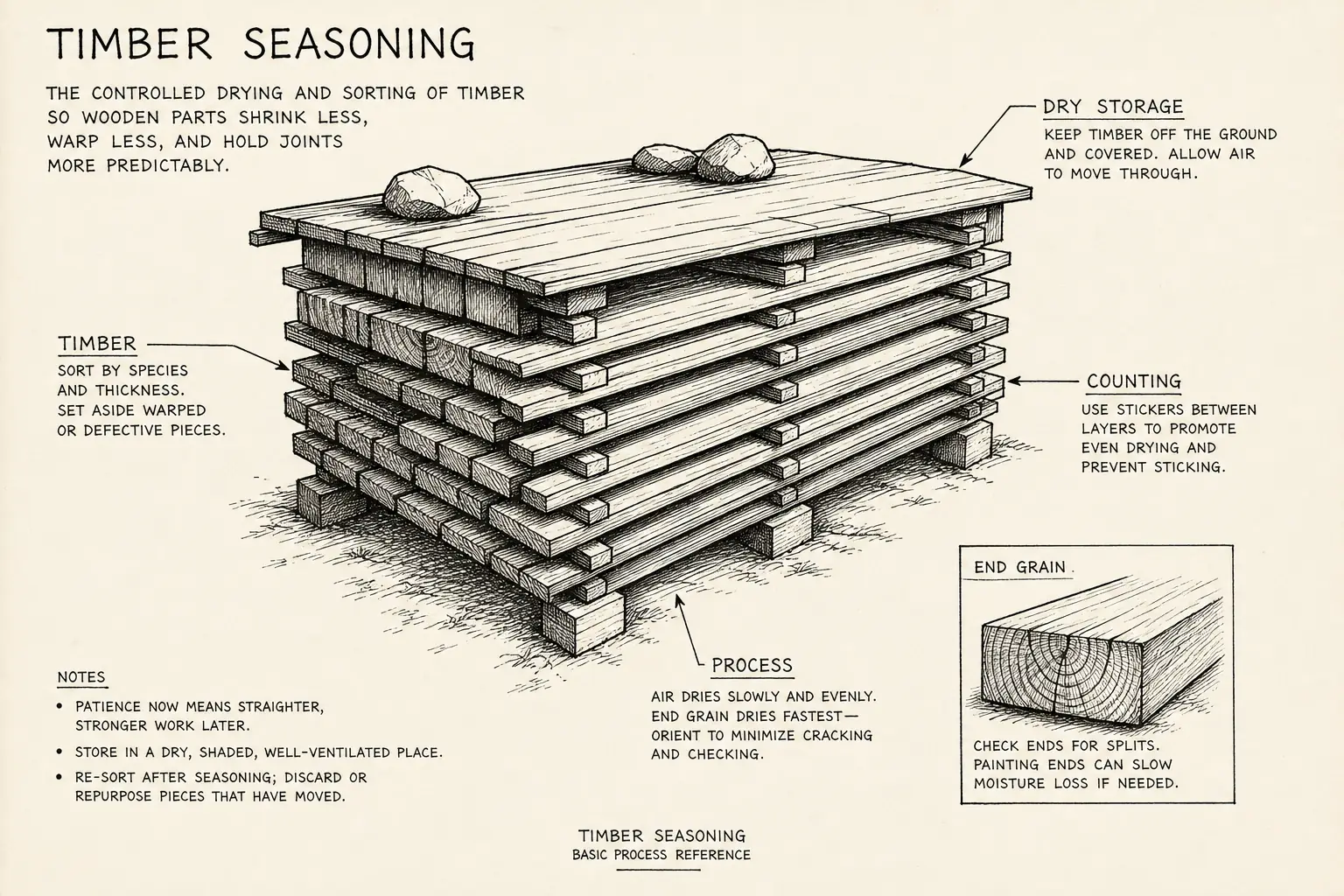 Field sketch of Timber seasoning, highlighting dry storage, timber, counting, process.