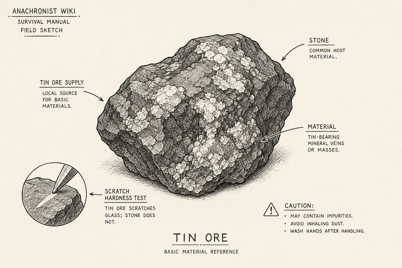 Field sketch of Tin Ore, highlighting tin ore supply, stone, scratch hardness test, material.