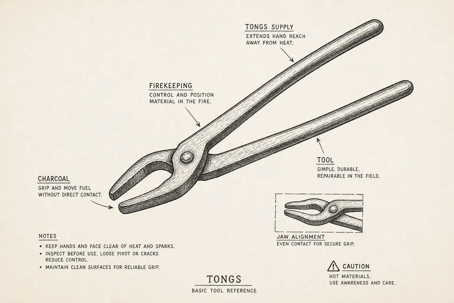 Field sketch of Tongs, highlighting tongs supply, firekeeping, charcoal, tool.
