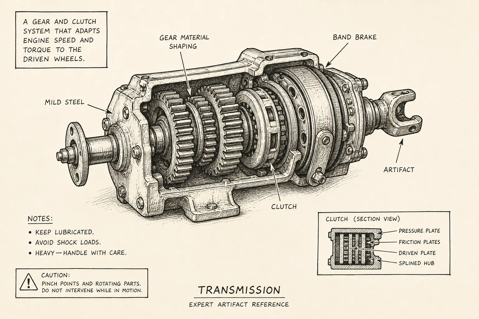 Field sketch of Transmission, highlighting mild steel, band brake, gear cutting, clutch.