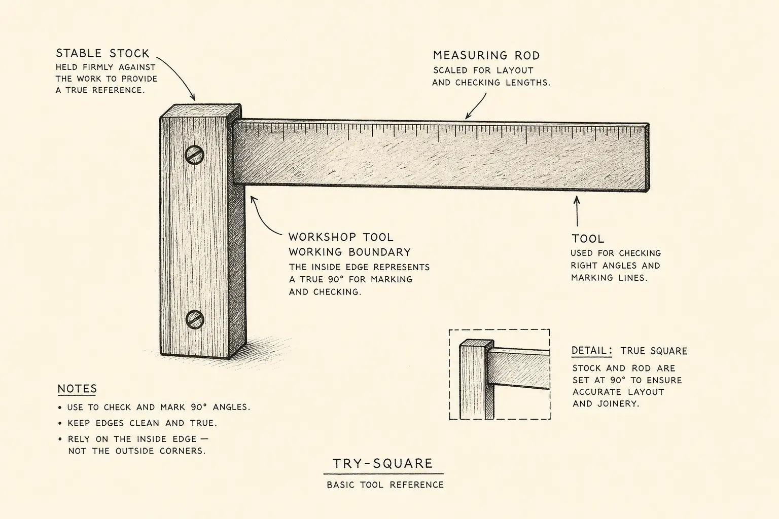 Field sketch of Try-square, highlighting stable stock, measuring rod, cutting edge, tool.