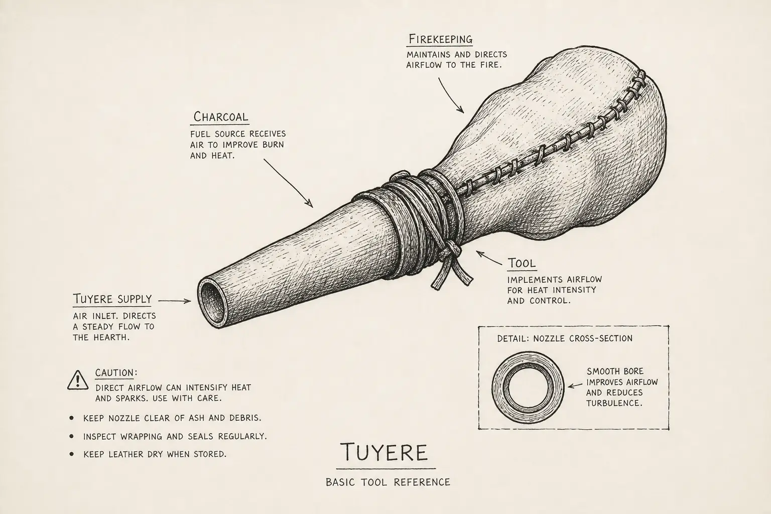 Field sketch of Tuyere, highlighting tuyere supply, firekeeping, charcoal, tool.