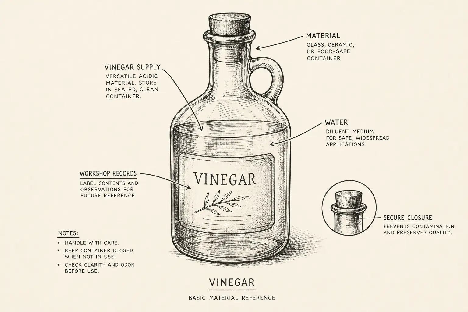 Field sketch of Vinegar, highlighting vinegar supply, water, workshop records, material.