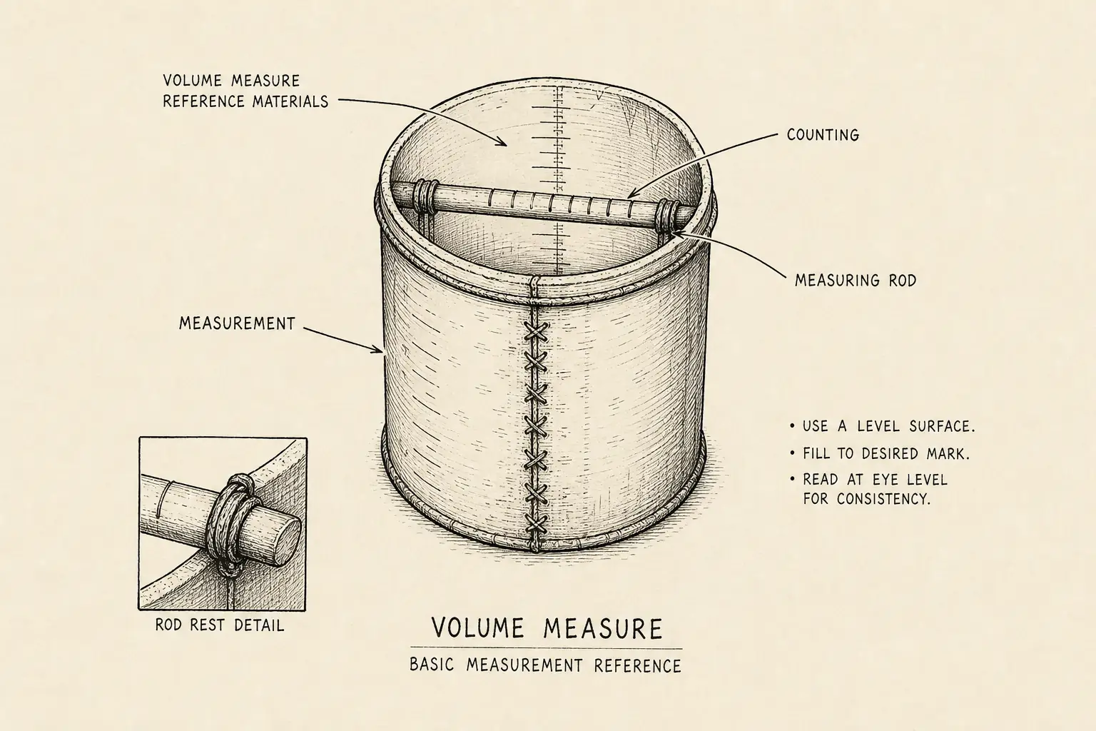 Field sketch of Volume Measure, highlighting volume measure reference materials, counting, measuring rod, measurement.