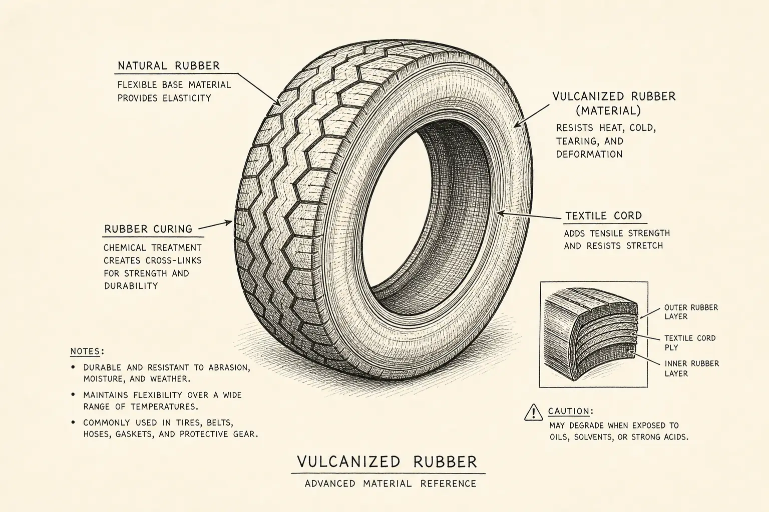 Field sketch of Vulcanized rubber, highlighting natural rubber, textile cord, rubber curing, material.