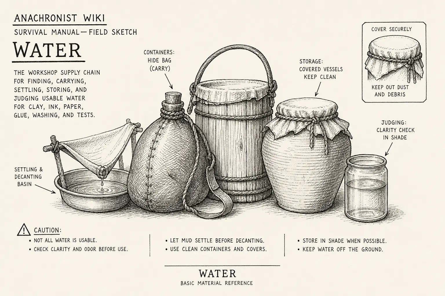 Field sketch of Water, highlighting containers, material.