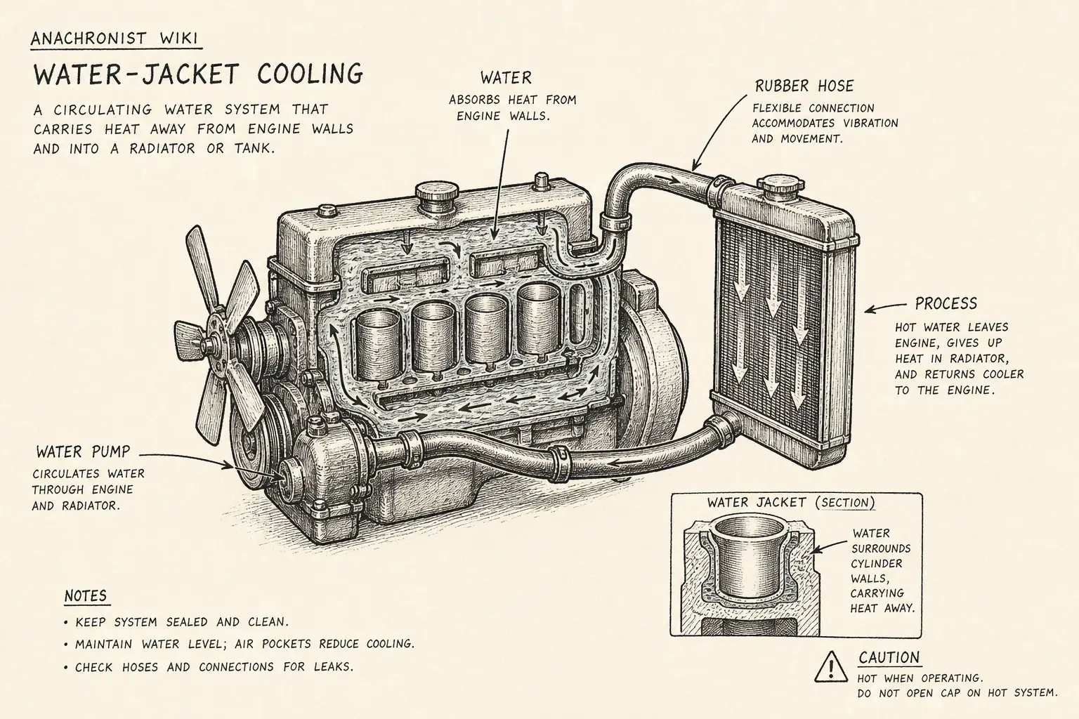 Field sketch of Water-jacket cooling, highlighting water, rubber hose, water pump, process.