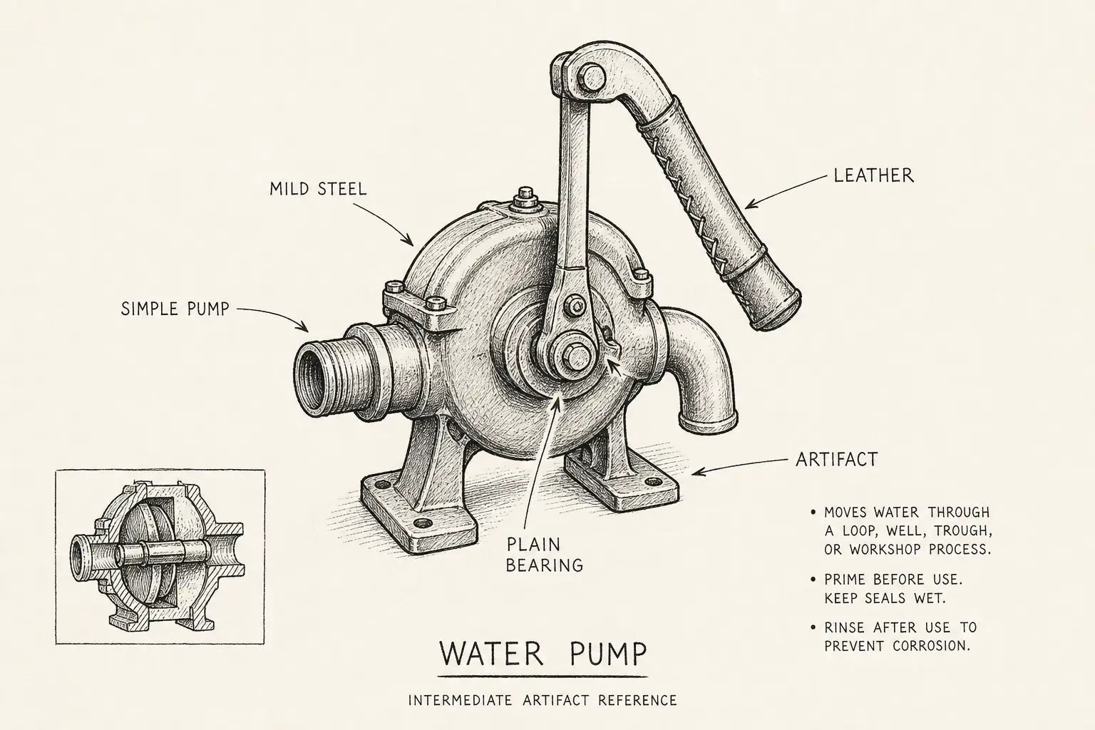 Field sketch of Water pump, highlighting mild steel, leather, simple pump, plain bearing.