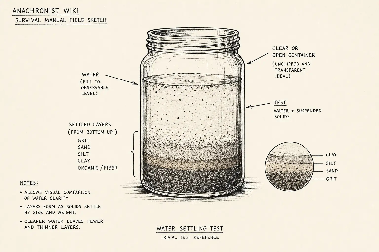 Field sketch of Water settling test, highlighting clear or open container, water, test.