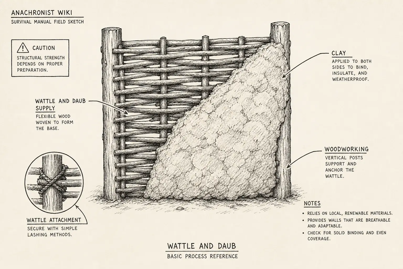 Field sketch of Wattle and Daub, highlighting wattle and daub supply, clay, woodworking, process.