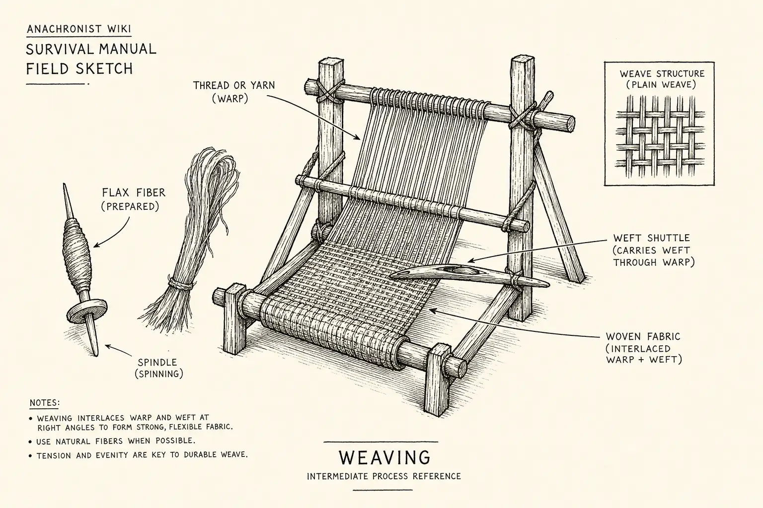 Field sketch of Weaving, highlighting thread or yarn, flax fiber, spindle, process.