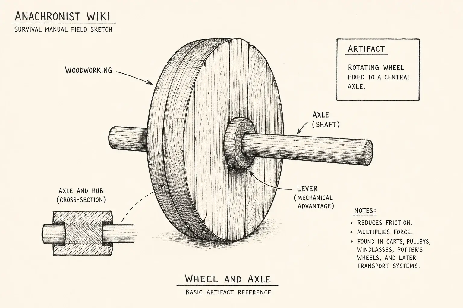 Field sketch of wheel and axle, highlighting timber, plain bearing, and hub alignment details.