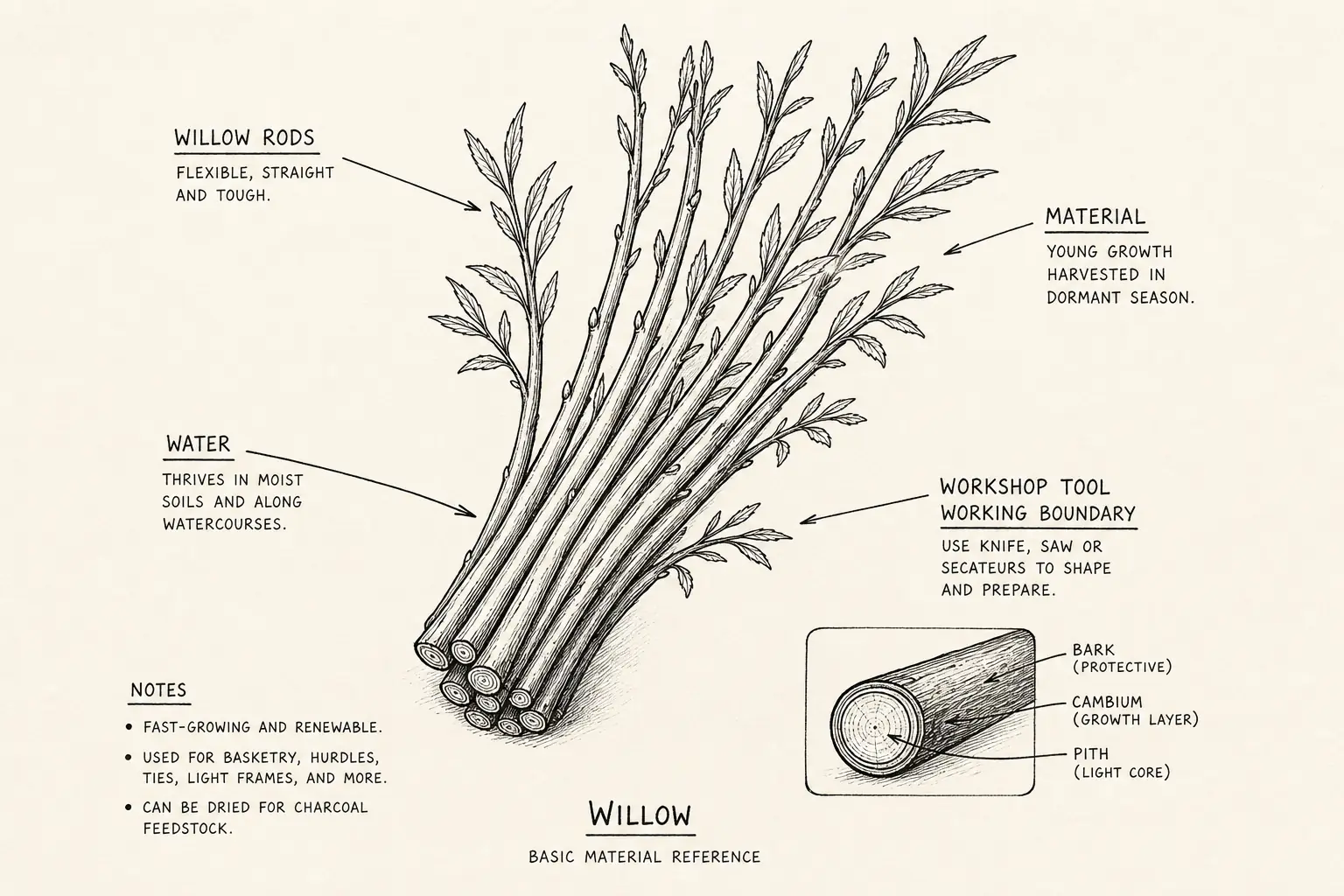 Field sketch of Willow, highlighting willow rods, water, cutting edge, material.