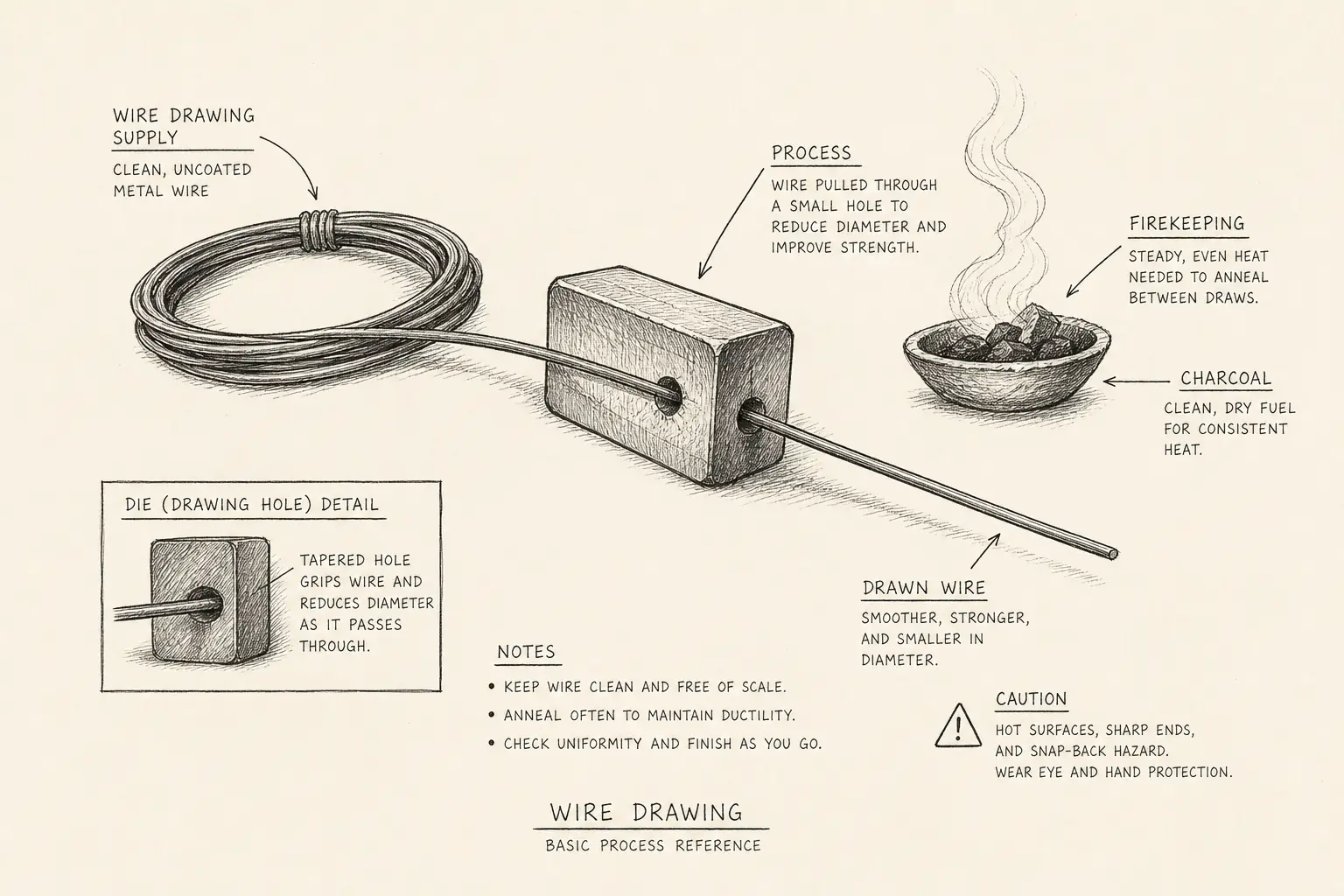 Field sketch of Wire Drawing, highlighting wire drawing supply, firekeeping, charcoal, process.
