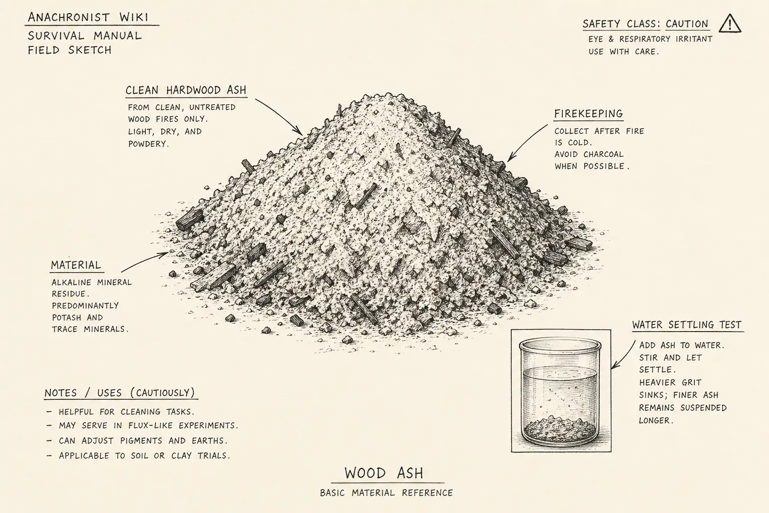 Field sketch of Wood ash, highlighting clean hardwood ash, firekeeping, water settling test, material.