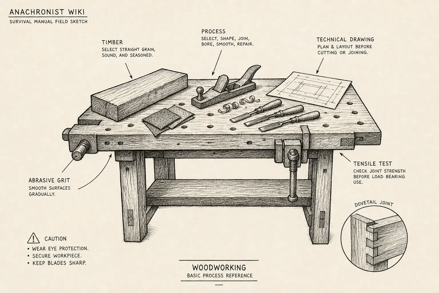 Field sketch of Woodworking, highlighting timber, abrasive grit, technical drawing, tensile test.