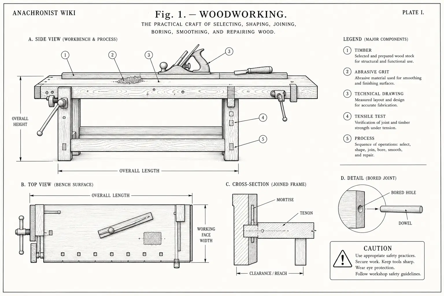 Schematic diagram of Woodworking, highlighting timber, abrasive grit, technical drawing, tensile test and major working relationships.