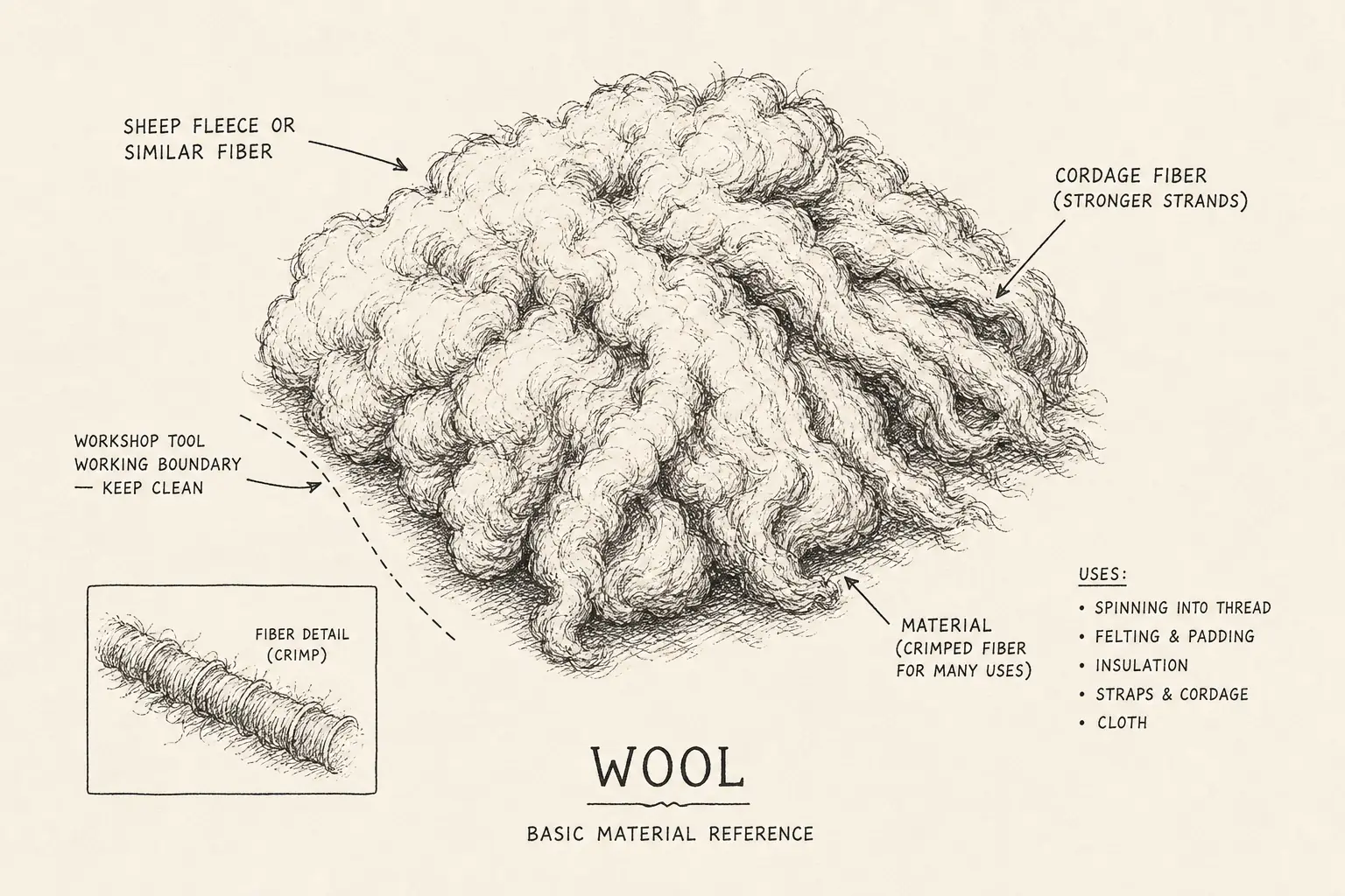Field sketch of Wool, highlighting sheep fleece or similar fiber, cordage fiber, cutting edge, material.