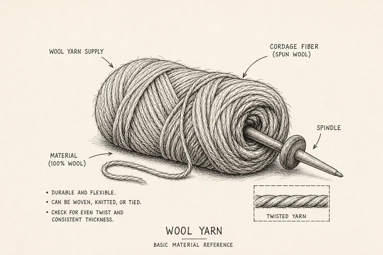 Field sketch of Wool Yarn, highlighting wool yarn supply, cordage fiber, spindle, material.
