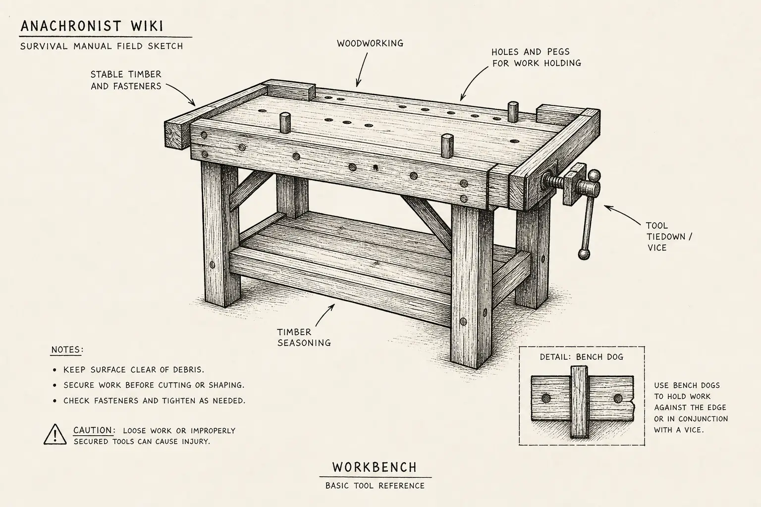 Field sketch of Workbench, highlighting stable timber and fasteners, woodworking, timber seasoning, tool.