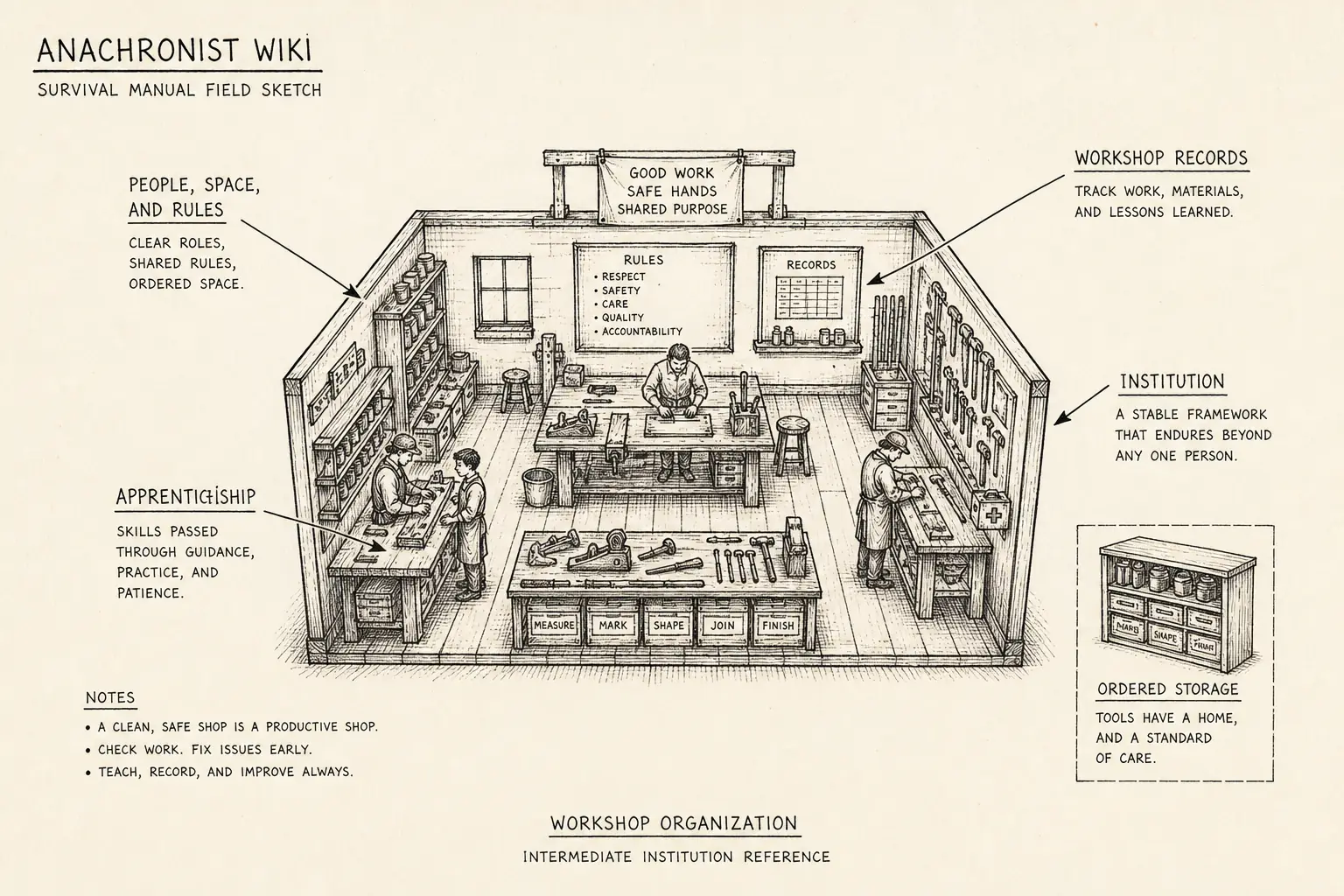 Field sketch of Workshop organization, highlighting people, space, and rules, apprenticeship, workshop records, institution.