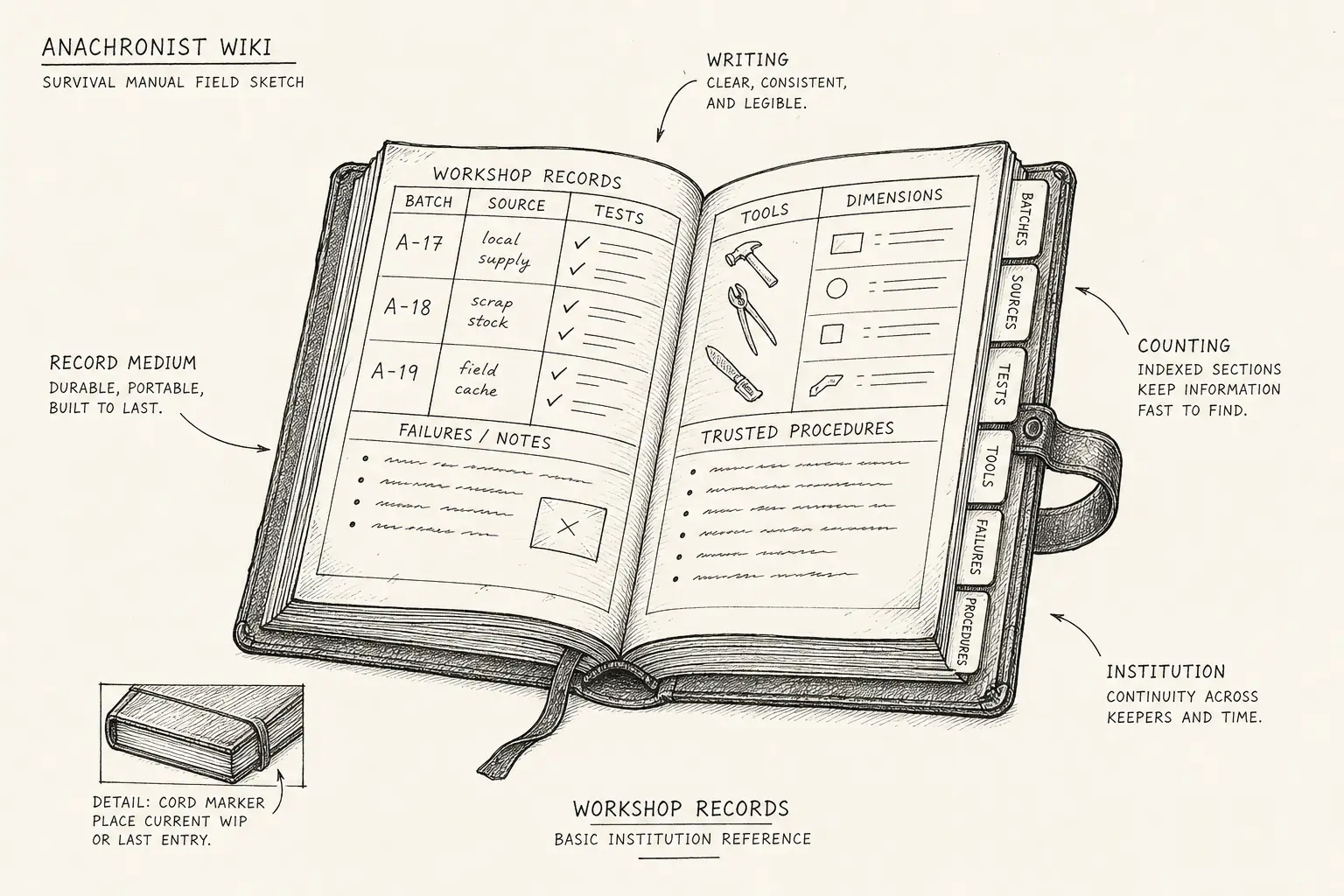 Field sketch of Workshop records, highlighting record medium, writing, counting, institution.