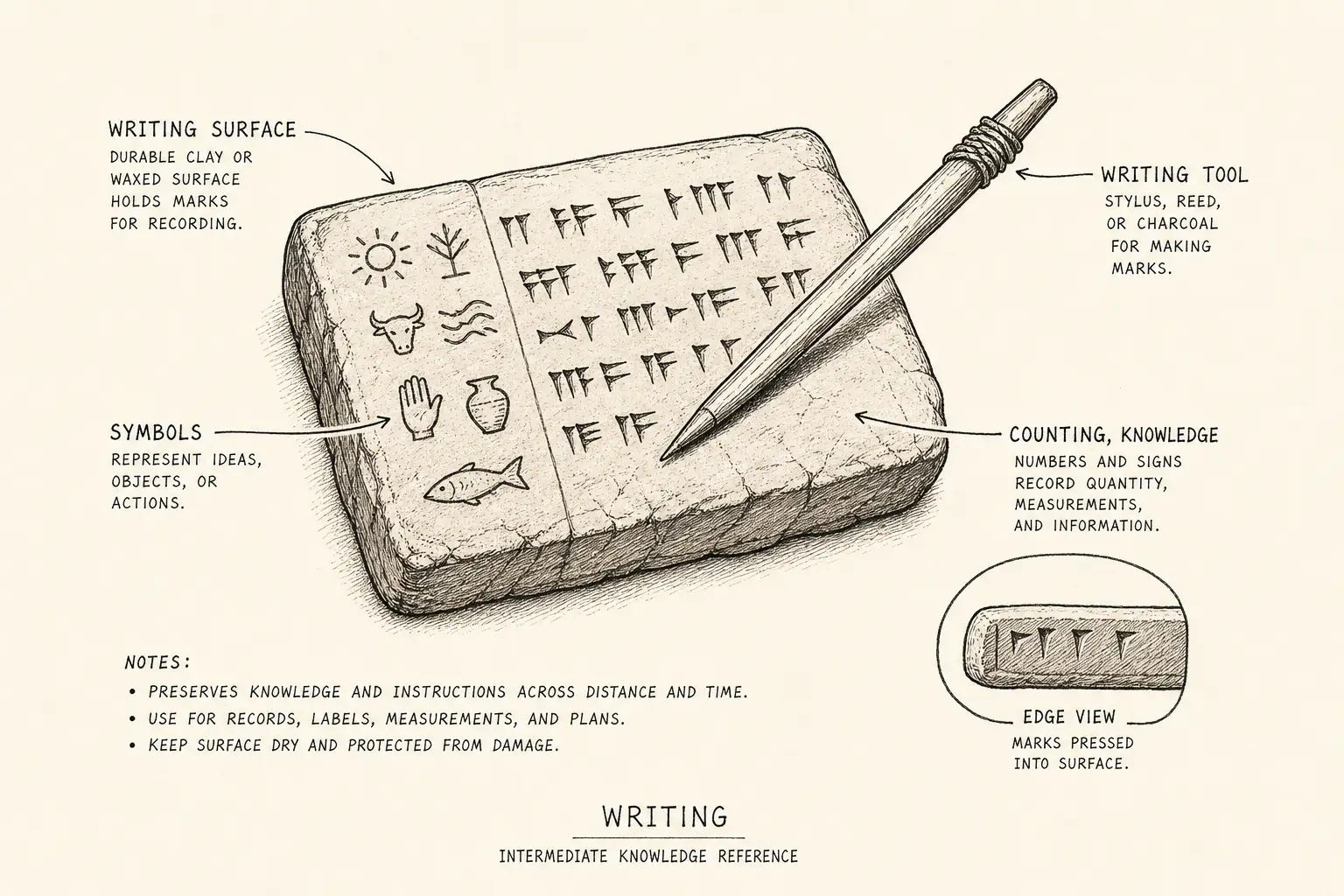 Field sketch of Writing, highlighting writing surface, counting, knowledge.