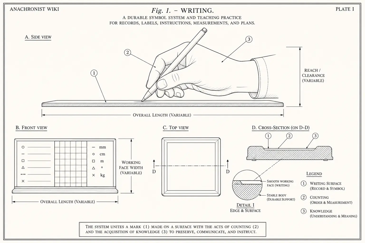 Schematic diagram of Writing, highlighting writing surface, counting, knowledge and major working relationships.