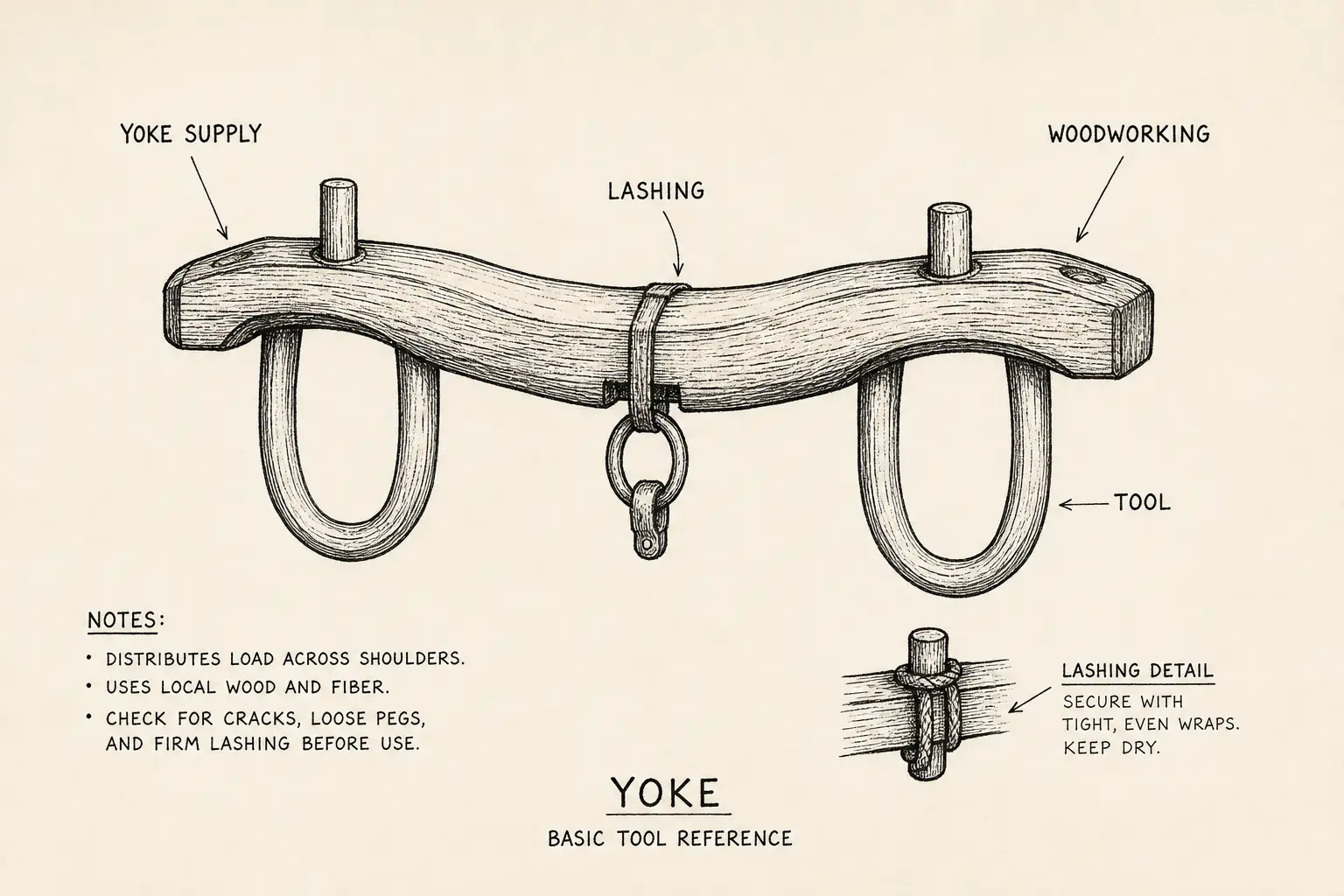 Field sketch of Yoke, highlighting yoke supply, woodworking, lashing, tool.